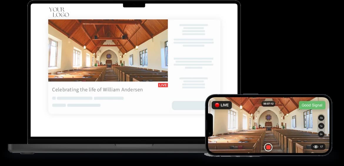 A funeral home's branded EventLive service page on a laptop, live streamed from an iPhone