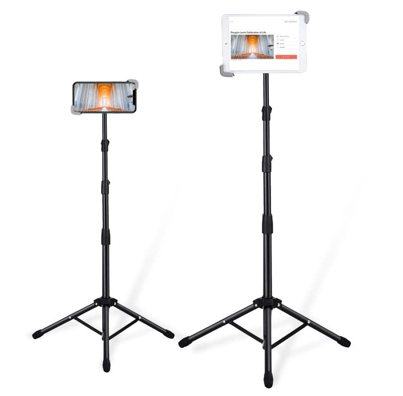 A phone and an iPad on tripods, each streaming a celebration of life with the EventLive app