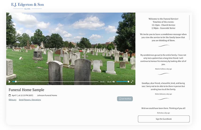 A funeral home's branded service page with the video, service timeline and guestbook condolences