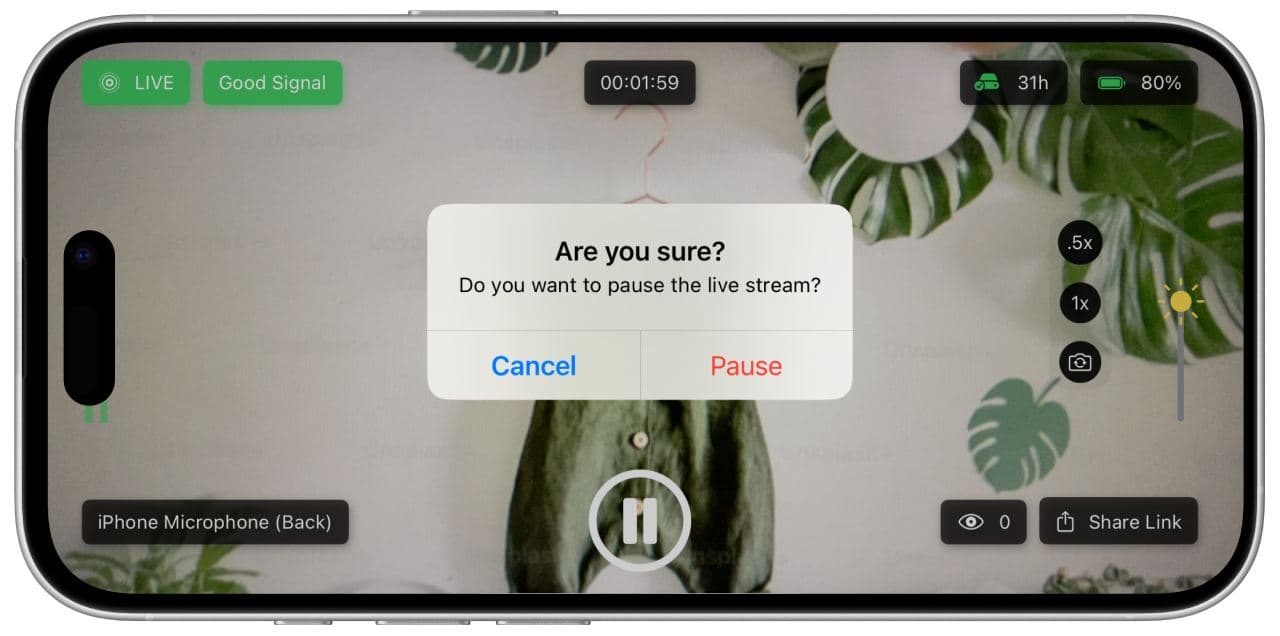 The EventLive app asking to confirm before it pauses the live stream
