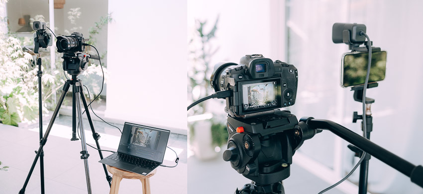 full live streaming setup including camera, webcam, laptop and phone